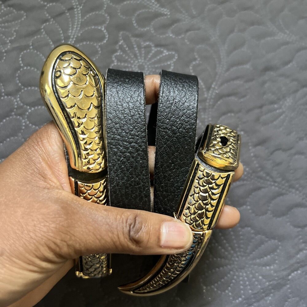 VTG RARE Gail Labelle Genuine Leather Snake Motif Gold Medallion 1980s Belt SZ M